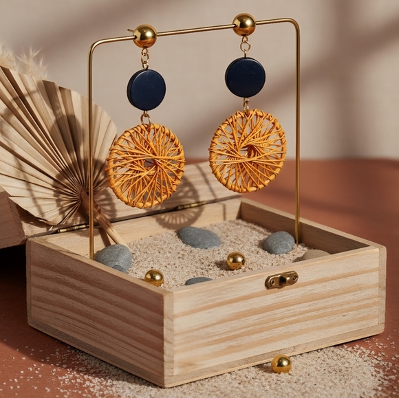 Boho Chic Handwoven Spiral Navy Wood Gold Dangle Earrings Handmade Jewelry - Picture 13 of 15